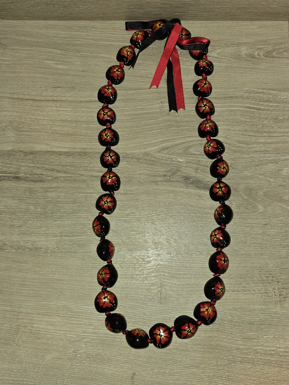 Hawaiian Kukui Nut Lei Red Color Hibiscus Flower Necklace